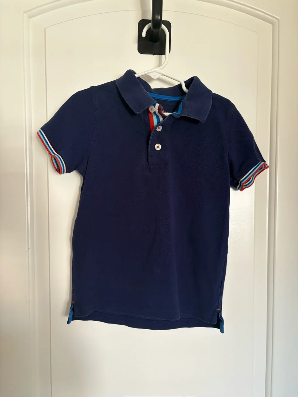 Boden Navy Polo with Red, White and Blue Stripe Trim